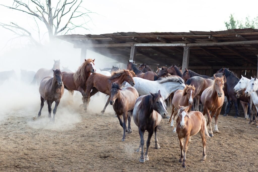 Herd of amazing horses on the farm